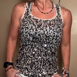 White House Black Market Silver Sequin Cream Tank Top